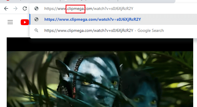 Replace the keyword youtube with clipmega and press the Enter key