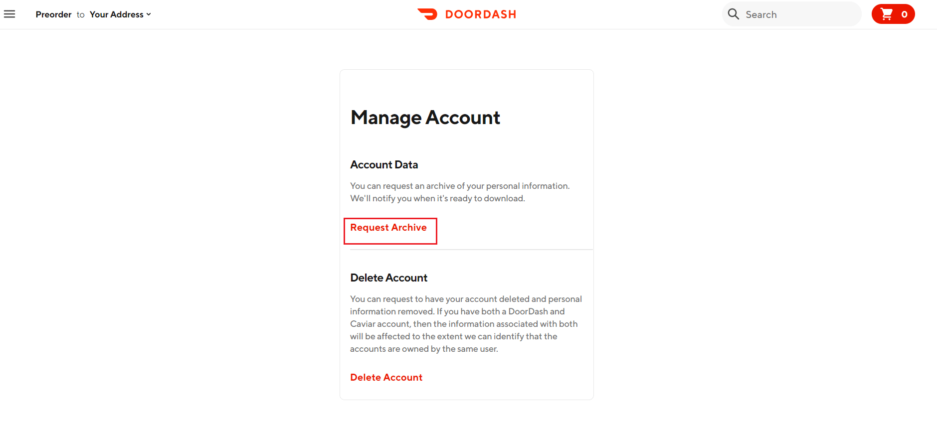 request archive in DoorDash Manage Account page
