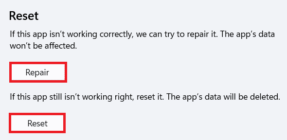 Reset and Repair options for Microsoft Store
