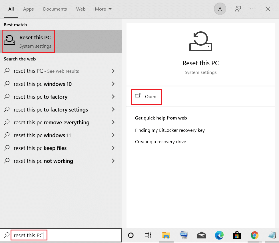 reset this PC app from windows search menu