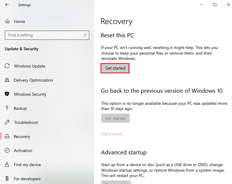 Reset PC. Fix Esrv.exe Application Error in Windows 10