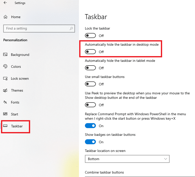 Restore the Taskbar to default settings. Fix Full Screen Not Working on Windows 10