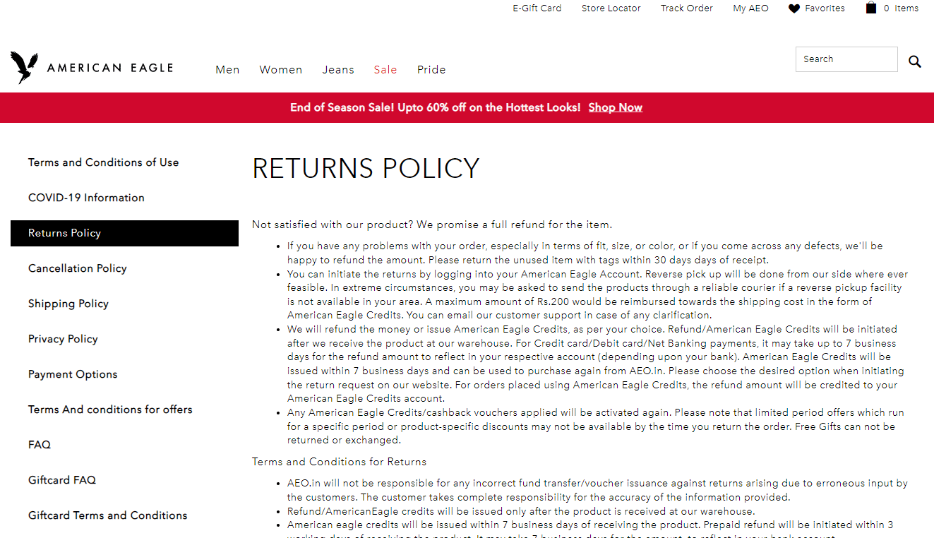 returns policy for American Eagle Jeans