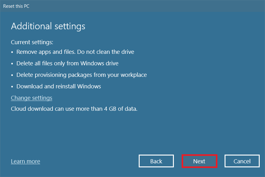Review your settings and click on Next to start the process