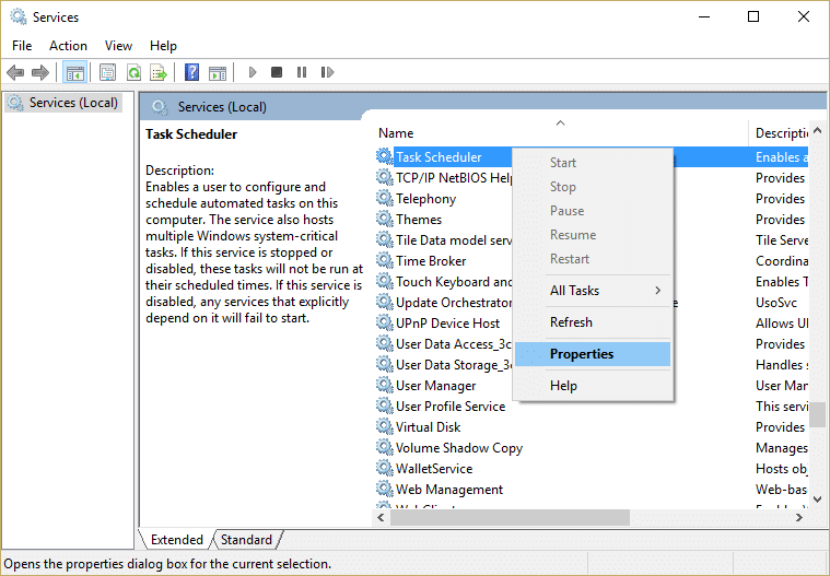 Right-click Task Scheduler service and select Properties