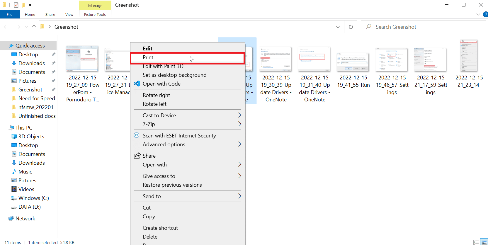 right click a file you want to print and click on print