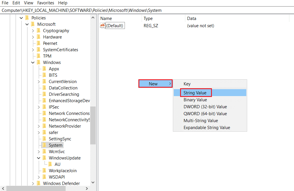 right click and select New and click on Edit String option in System key folder in Registry Editor