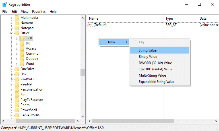 right click and select New then String Value to create the key ForcePSTPath