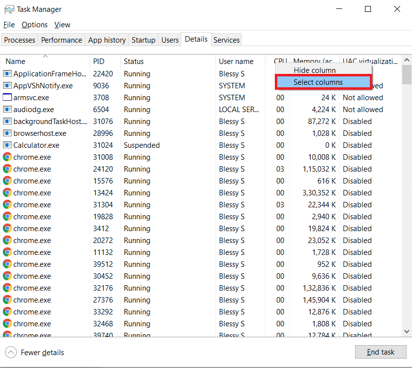 Right-click any column and select Select columns | How Much VRAM Do I Have on Windows 10