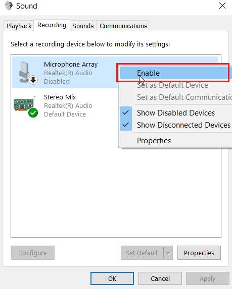 right click microphone array and click enable. Fix SADES Headset Not Working in Windows 10