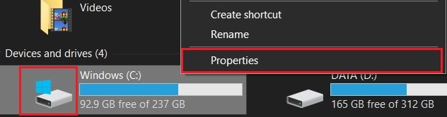 right click on C drive and select properties