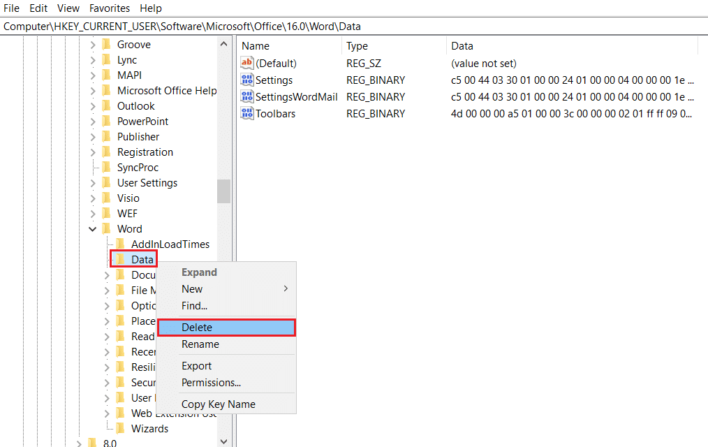 right click on Data and select Delete option in Registry Editor. Fix Word File Permission Error in Windows 10