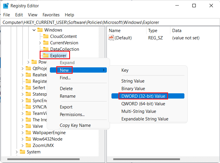 Щелкните правой кнопкой мыши «Проводник» и выберите «Создать», затем нажмите «32-битное значение DWORD». Как отключить онлайн-поиск из меню «Пуск» в Windows 11
