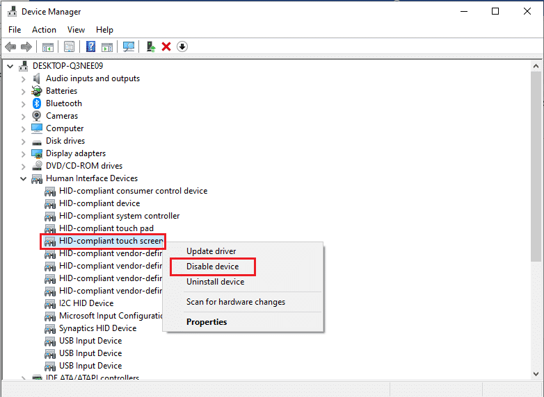right click on HID compliant touch screen and select Disable device option in the Device Manager