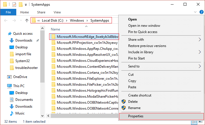 Right click on Microsoft Edge folder in SystemApps | How to Uninstall Microsoft Edge in Windows 10