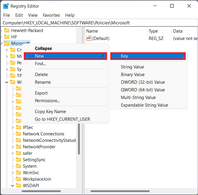 right click on Microsoft folder and select New then Key option