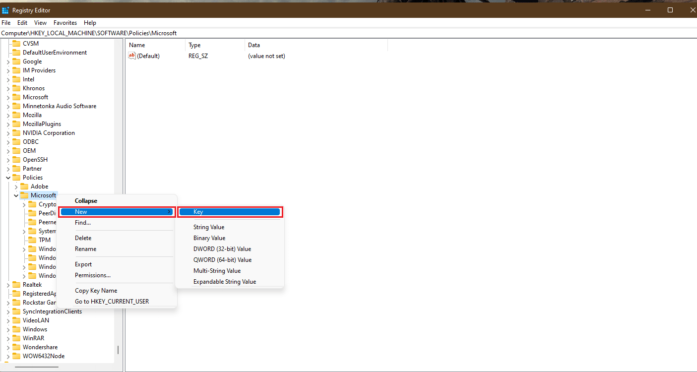 right click on Microsoft folder key and choose New then Key option in Registry Editor Windows 11
