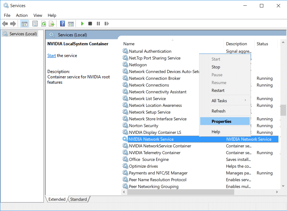right-click on NVIDIA Network Service and select Properties