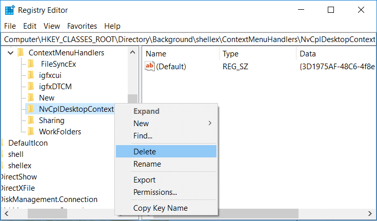 right-click on NvCplDesktopContext and select Delete