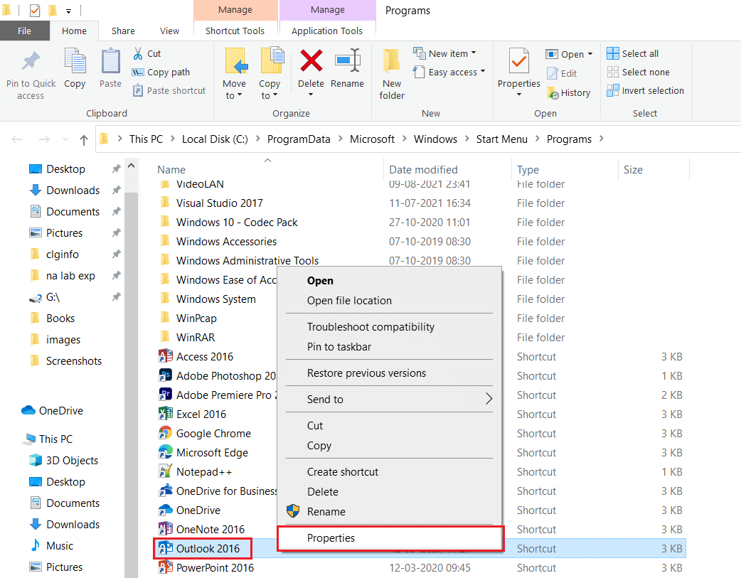 right click on Outlook app and select Properties