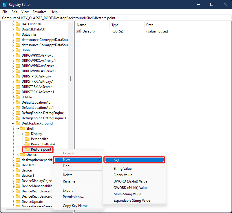 right click on Restore point and select New then Key in Registry Editor Windows 11