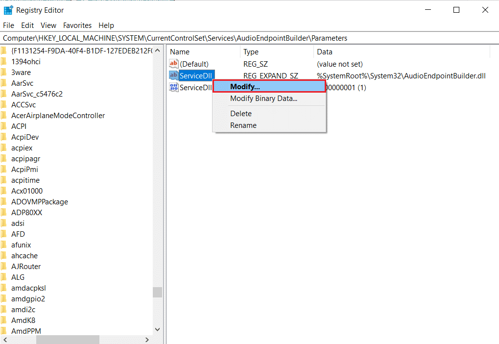 right click on Service.dll and select Modify option in Registry Editor
