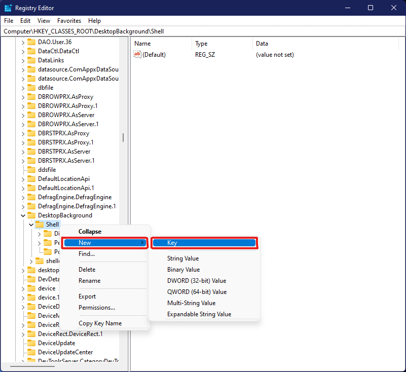 right click on Shell and select New then Key option in Registry Editor Windows 11
