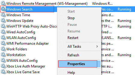right click on Windows Search and select Properties | Fix Searchindexer.exe High CPU Usage