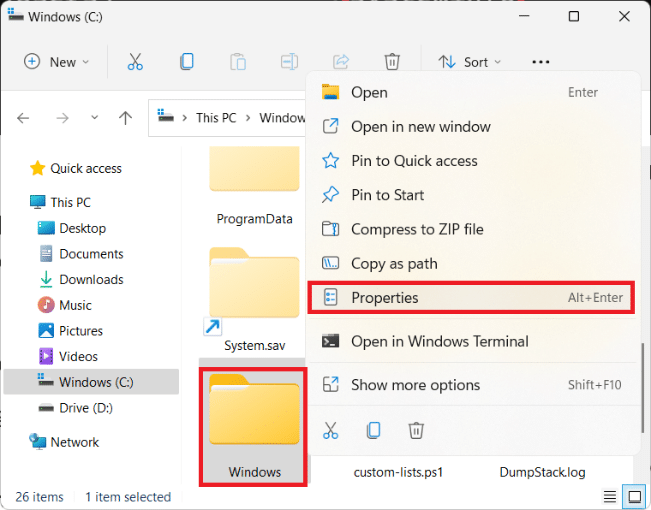 right click on Windows folder and select Properties Windows 11