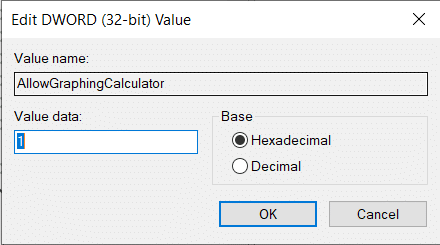 Haga clic derecho en AllowGraphingCalculator y haga clic en Modificar. Escriba 1 en Datos del valor para habilitar la función. Haga clic en Aceptar para guardar. Cómo habilitar el modo gráfico de calculadora en Windows 10
