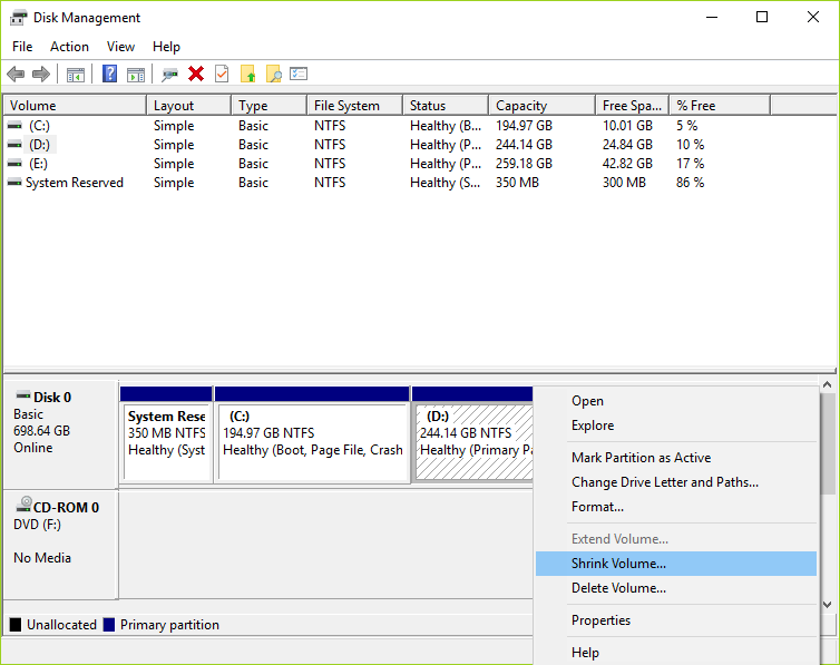 right click on any other drive except system and select Shrink Volume