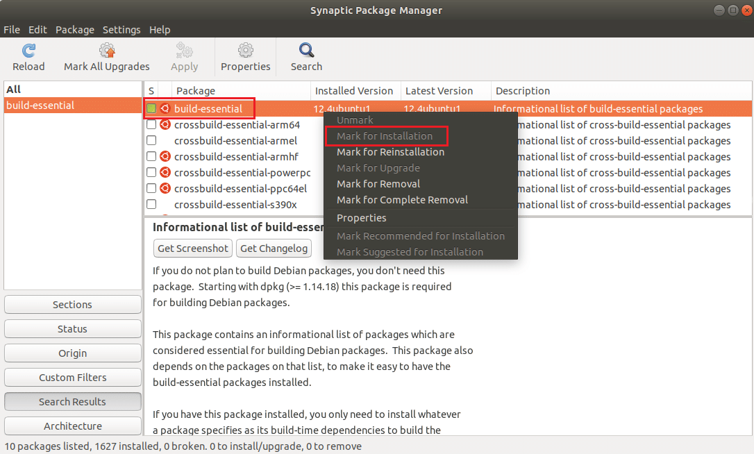 right click on build essential and select Mark for installation in Snaptic Package Manager Ubuntu Linux