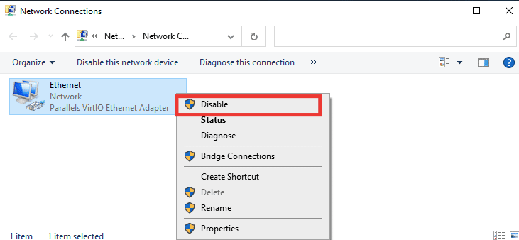 Right click on connected network adapter and click on Disable