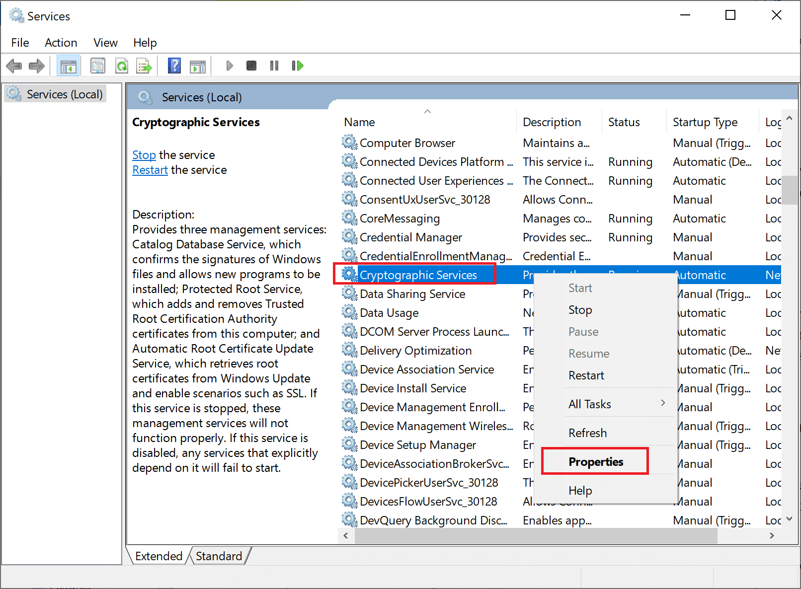 Right-click on Cryptographic Service in Services window and select Properties | How to Fix ‘Windows 10 Won’t Update’
