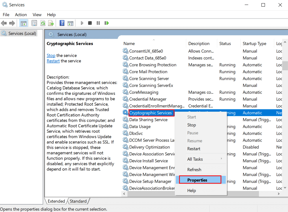 Right-click on Cryptographic Services and select Properties