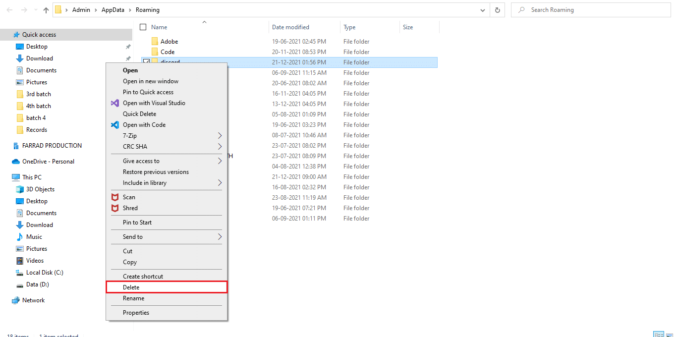 Right click on discord folder and choose Delete to remove the folder