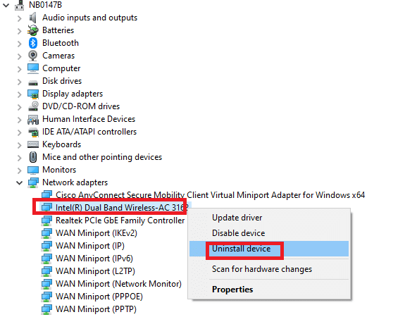 Right click on driver and select uninstall