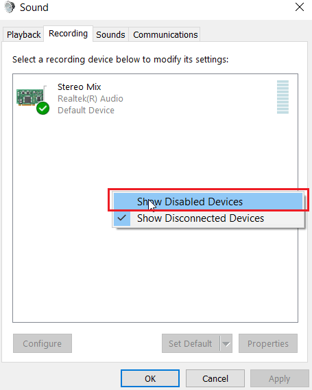 right click on empty space and click show disabled devices