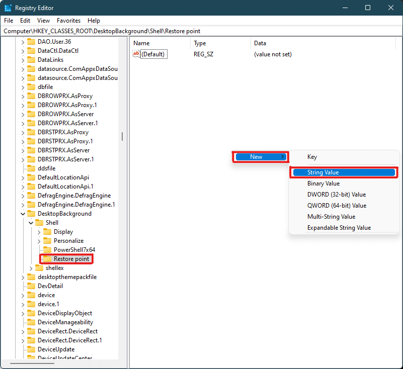 right click on empty space on Restore point key and select new then String value in Registry Editor Windows 11