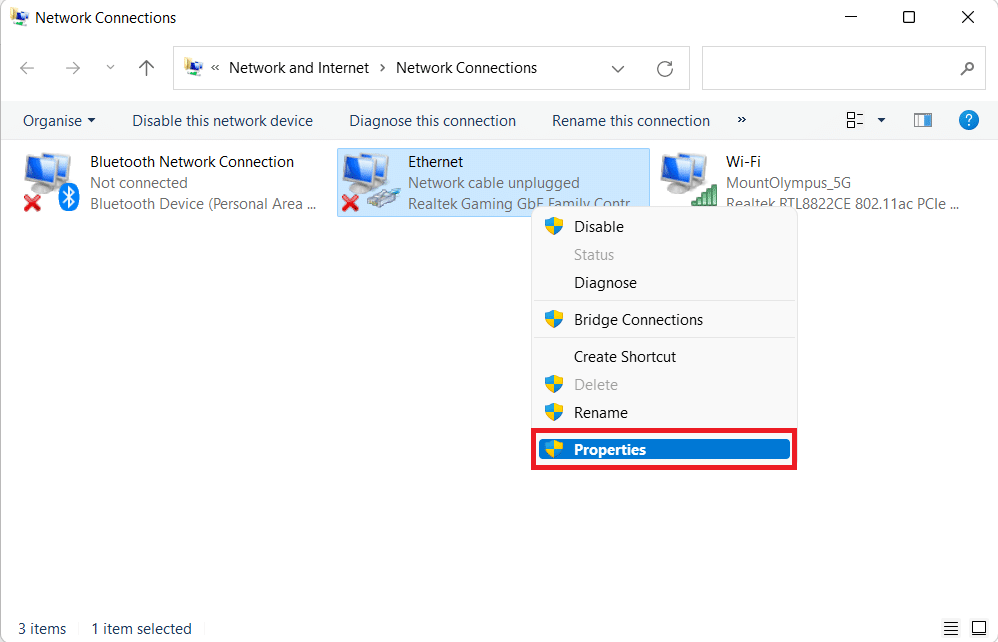 right click on ethernet network connections and select properties option