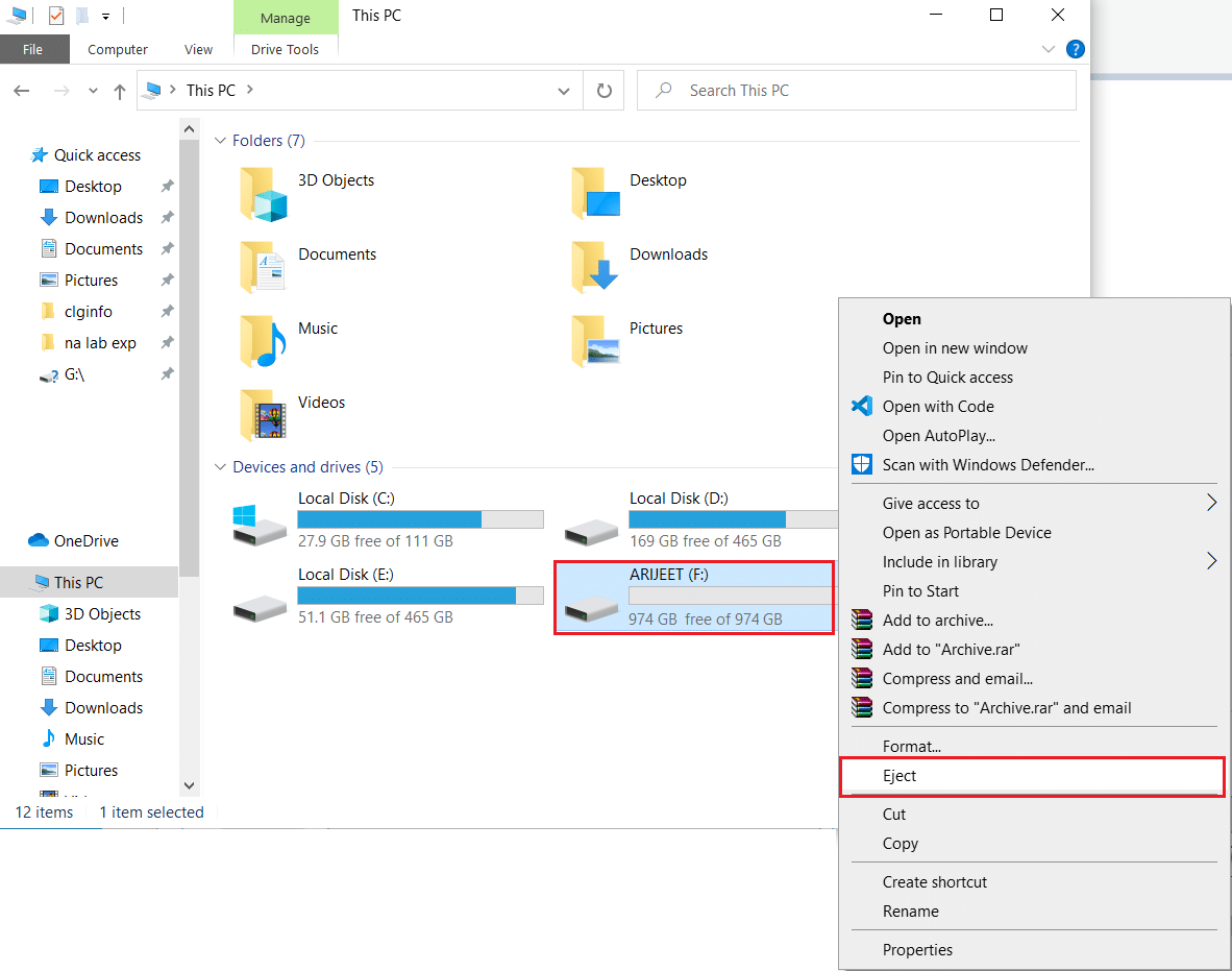 right click on external hard drive and select Eject option in File Explorer. How to Eject External Hard Drive on Windows 10