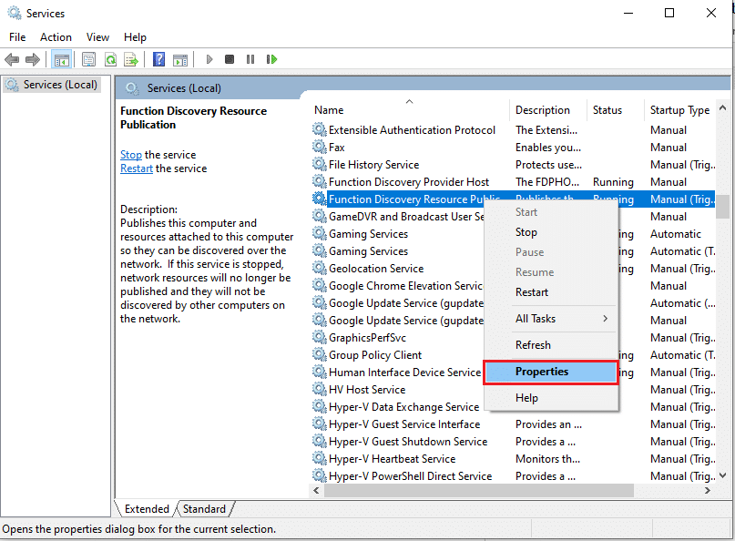 Right click on Function Discovery Resource Publication FDResPub service and choose Properties. Fix Computers Not Showing Up on Network in Windows 10