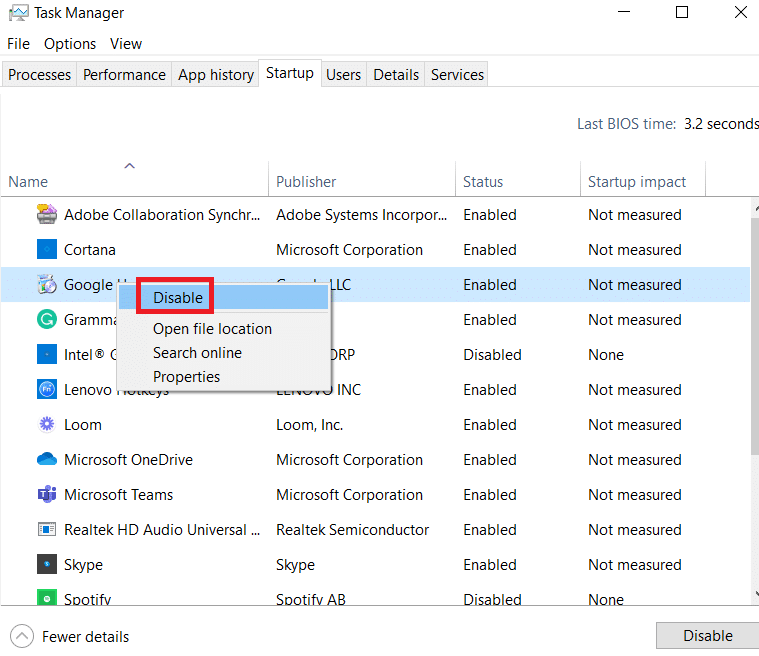 Right-click on Google Chrome to Disable
