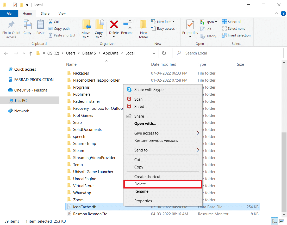 Right click on IconCache.db file and select Delete