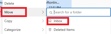 በላዩ ላይ በቀኝ ጠቅ ያድርጉ እና ወደ የገቢ መልእክት ሳጥንዎ ለመመለስ Move እና ከዚያ Inbox የሚለውን ይምረጡ። | በ Outlook 365 ውስጥ እንዴት መመዝገብ እንደሚቻል
