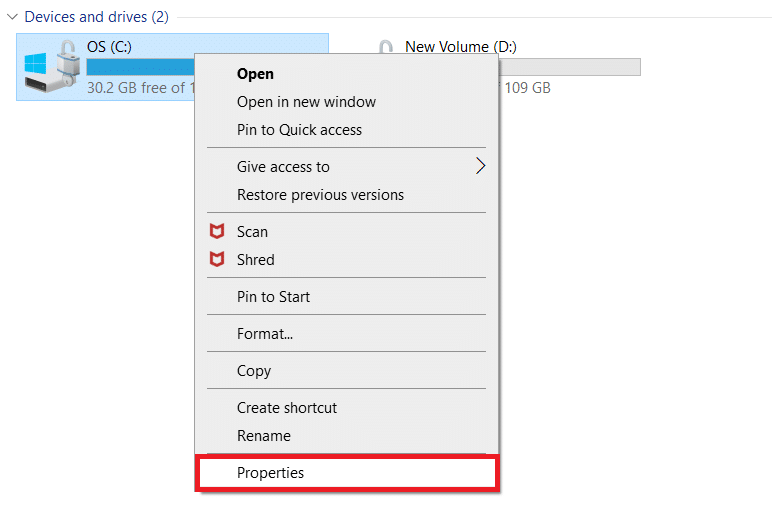 Right click on Local disk C and choose Properties.