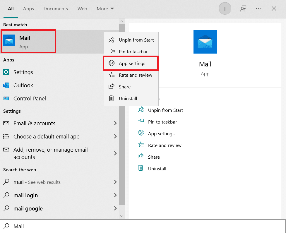 Right-click on Mail and select App Settings