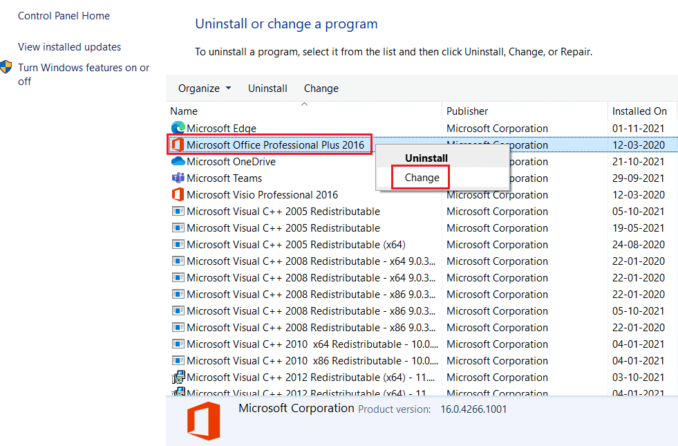 right click on microsoft office and select change option in programs and features uninstall a program menu