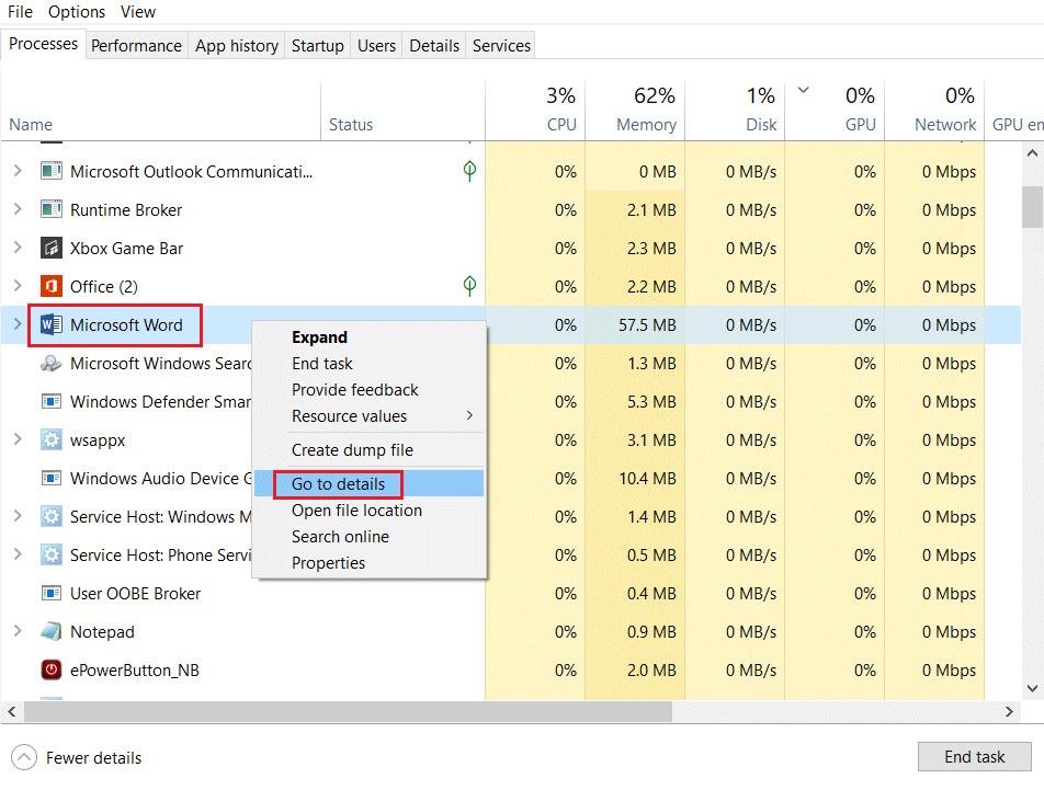 right click on microsoft word process and select go to details option in Task Manager processes. Fix Microsoft Office not opening on Windows 10