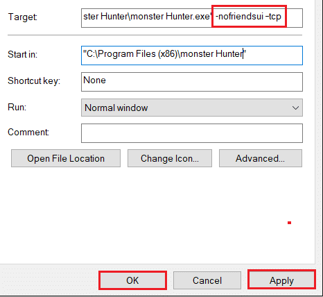 Haga clic derecho en el acceso directo del escritorio de Monster Hunter y seleccione la pestaña de acceso directo y agregue el parámetro en el objetivo, luego haga clic en Aplicar y luego, Aceptar para guardar los cambios.
